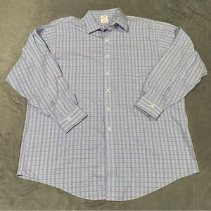 Brooks Brothers Shirt Mens 17.5 Blue Red Plaid Classic Non Iron Preppy